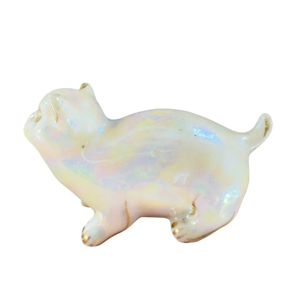 Vintage 1980s Ceramic Porcelain Luster Ware Iridescent Finish Kitty Cat Figurine